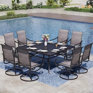 Black 9-Piece Metal Patio Outdoor Dining Set with Slat Square Table and Textilene Swivel Chairs