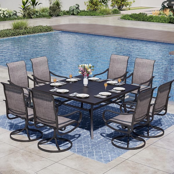 PHI VILLA Black 9-Piece Metal Patio Outdoor Dining Set with Slat Square Table and Textilene Swivel Chairs