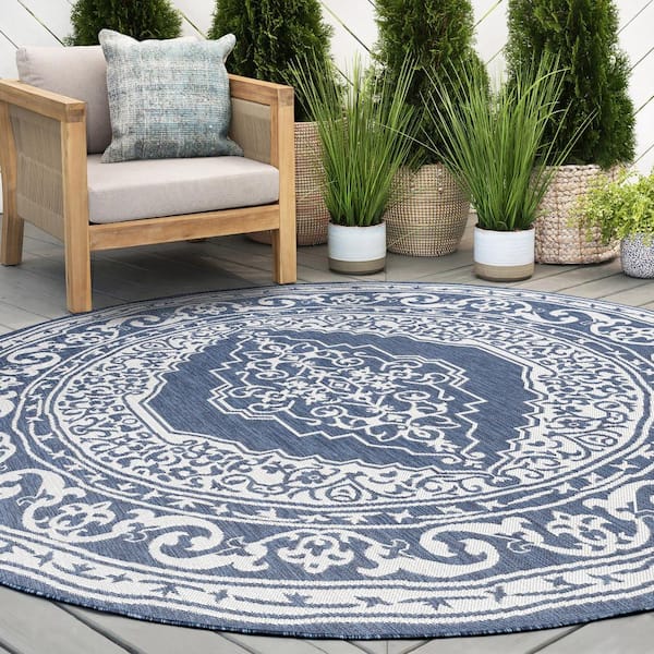 Eco Floral Navy 6 ft. Round Indoor/Outdoor Area Rug