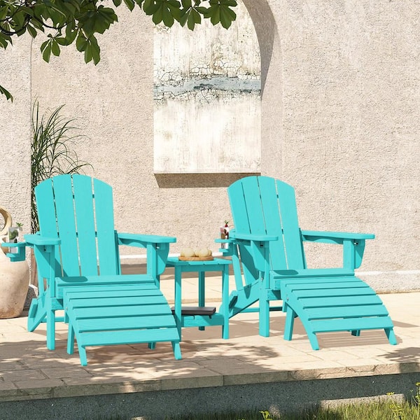 JEAREY Outdoor HIPS Plastic Patio chat set Tiffany Blue Adirondack Chairs with Side Table and Folding Ottoman Set of 5-Piece