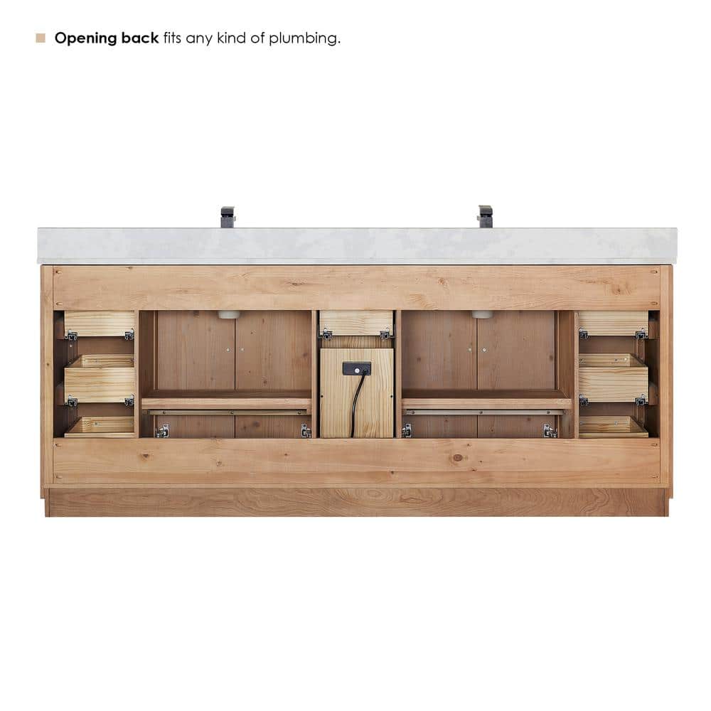 Floral 84" Light Brown Fir Wood Vanity with Calacatta White Quartz Top and Mirror