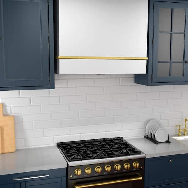 36 in. Stainless Steel Range Hood with Powerful Vent Motor, 600 CFM, 3-Speed, Wall Mount, in White with Gold