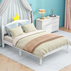 White Full Size Wood Platform Bed with Crown Shaped Headboard and Extra Slats Support