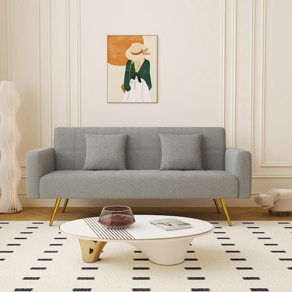 71.7 in. Gray Teddy Fabric Twin Size Adjustable Sofa Bed with 2 Pillows