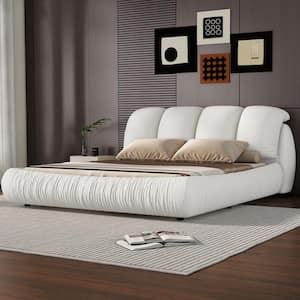 High End White Wood Frame Queen Size Velvet Upholstered Platform Bed with Oversized Padded Backrest, Pleating Bed Body