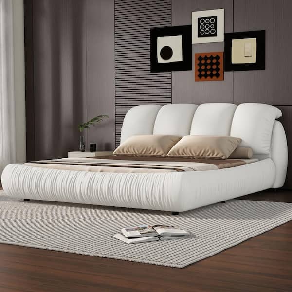 Harper & Bright Designs High End White Wood Frame Queen Size Velvet Upholstered Platform Bed with Oversized Padded Backrest, Pleating Bed Body