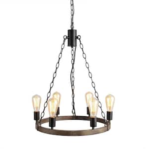 6-Light Farmhouse Wagon Wheel Chandelier with Rustic Wood Grain and Matte Black Canopy