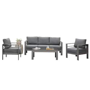 Grey 4-Piece Aluminum Patio Conversation Set with Dark Grey Cushions