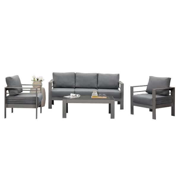 SUNVIVI Grey 4-Piece Aluminum Patio Conversation Set with Dark Grey Cushions