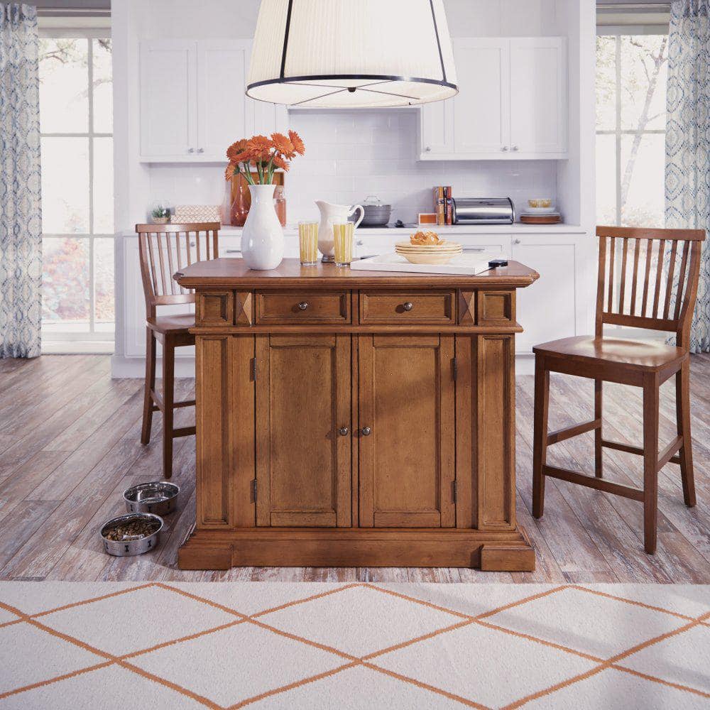 Americana Oak Wood Kitchen Island Set with Stools