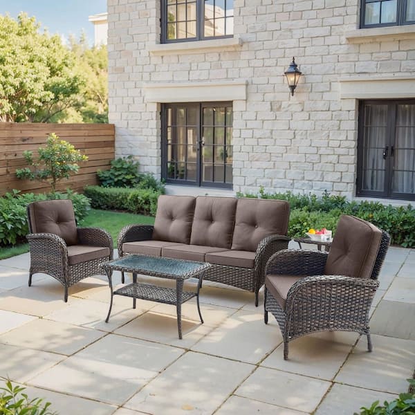 SleekArm 5-Piece Brown Wicker Patio Conversation Set with Olefin Gray Cushion/3-Seat Sofa with Outdoor Lounge Chairs