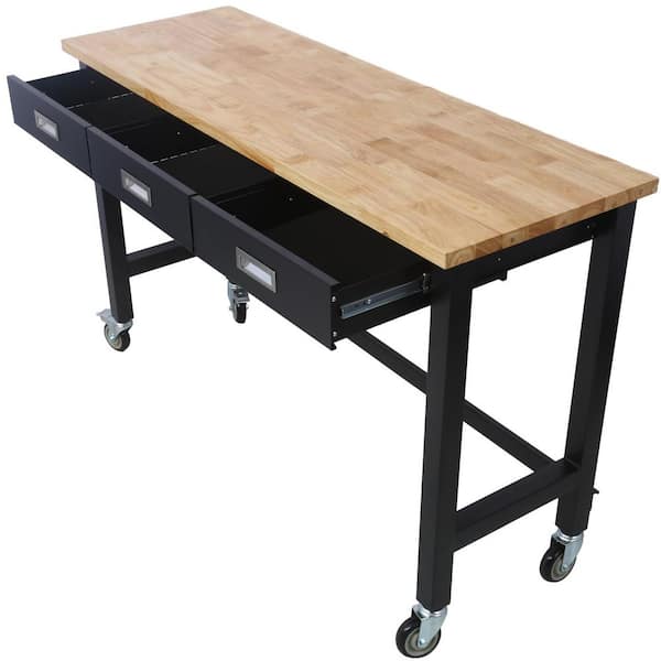 60 in. W x 20 in. D Black Workbench Table with Drawers, Solid Wood Top and Wheels for Garage Home Office