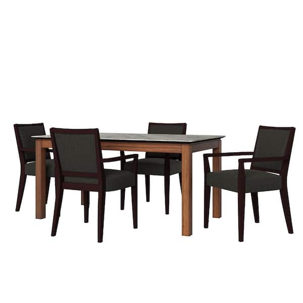 Handy Living Wesley 5-Piece Marblelook Smart Top Dining Table & Upholstered Arm Chairs in Olive Textured Woven