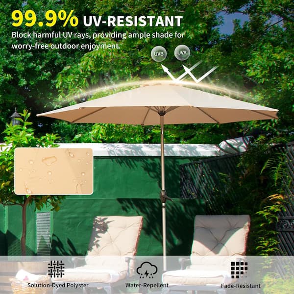 Cosmos 10 ft. 8 Ribs Patio Umbrella with Push Button, Tilt and Crank in Beige