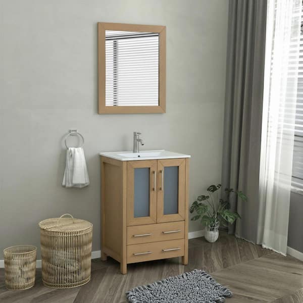 24 in. W x 18.1 in. D x 35.8 in. H Single Basin Natural Oak Bath Vanity with White Ceramic Top and Mirror