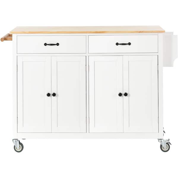 Unbranded White Rubber Wood 54.5 in. Kitchen Island with 4-Door Cabinet and Two Drawers, Spice Rack, Towel Rack