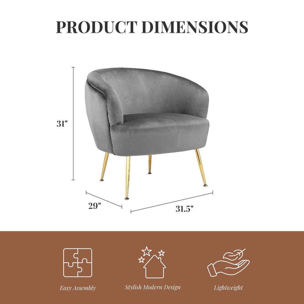 Gray Velvet Barrel Accent Chair with Gold Legs