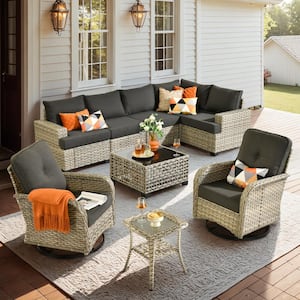 Kelleys 9-Piece Wicker Modern Outdoor Patio Conversation Sofa Set with Swivel Chairs, a LED Table and Black Cushions