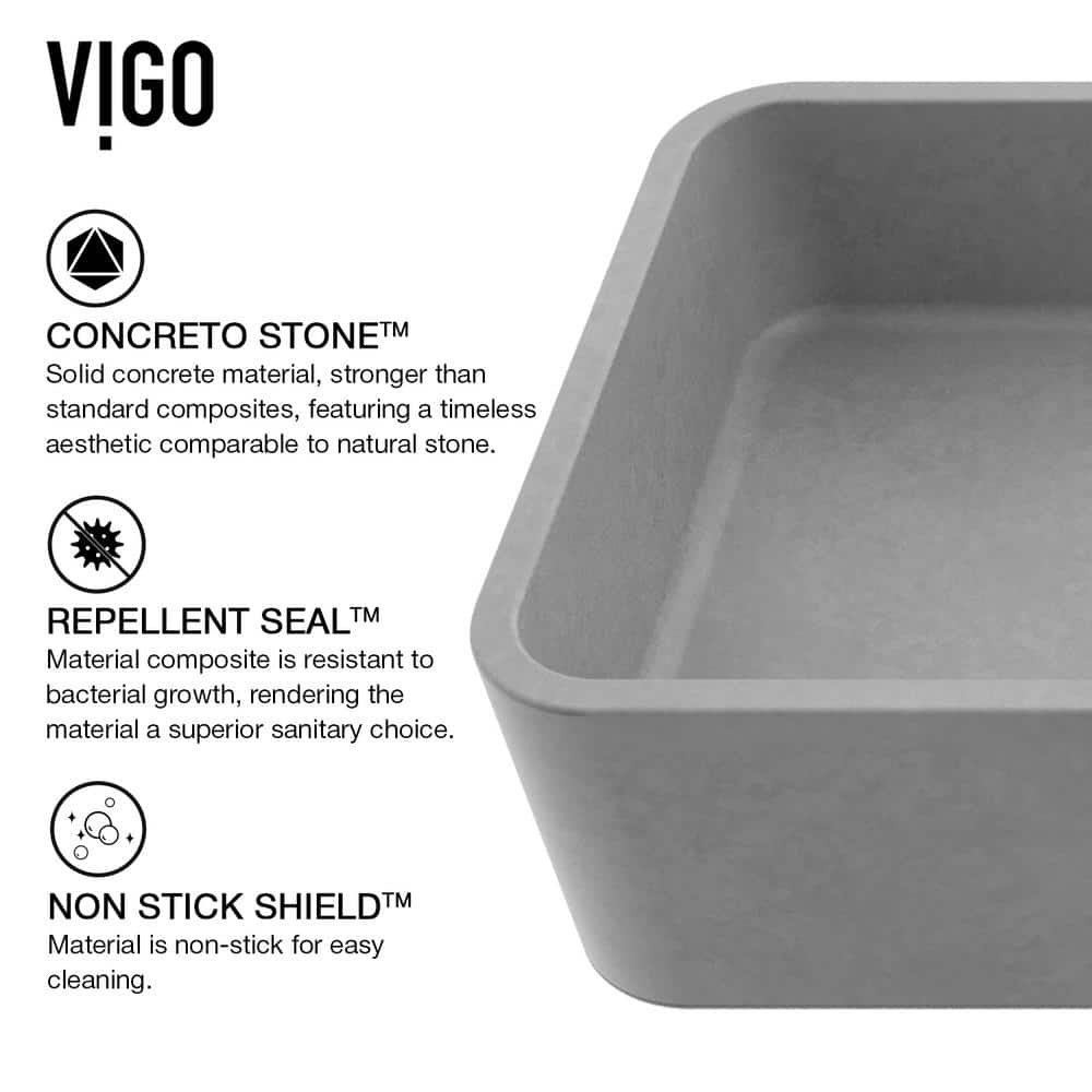 ConcretoStone Rectangular Vessel Bathroom Sink 24" in Gray with Modern Faucet