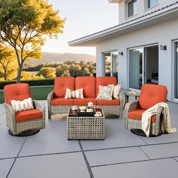 Vinceny Gray 5-Piece Wicker Patio Conversation Set with Orange Red Cushions and Swivel Chairs