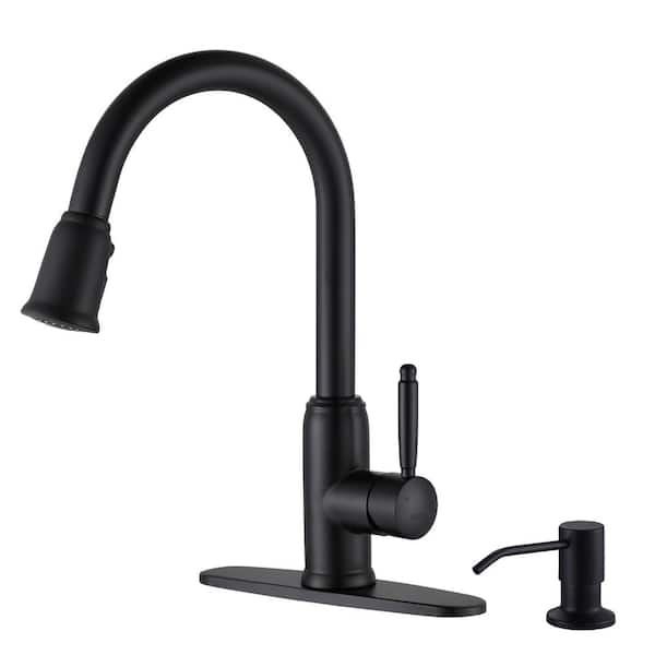 ARCORA Single Handle Pull Out Sprayer Kitchen Faucet Deckplate Included with Soap Dispenser in Matte Black