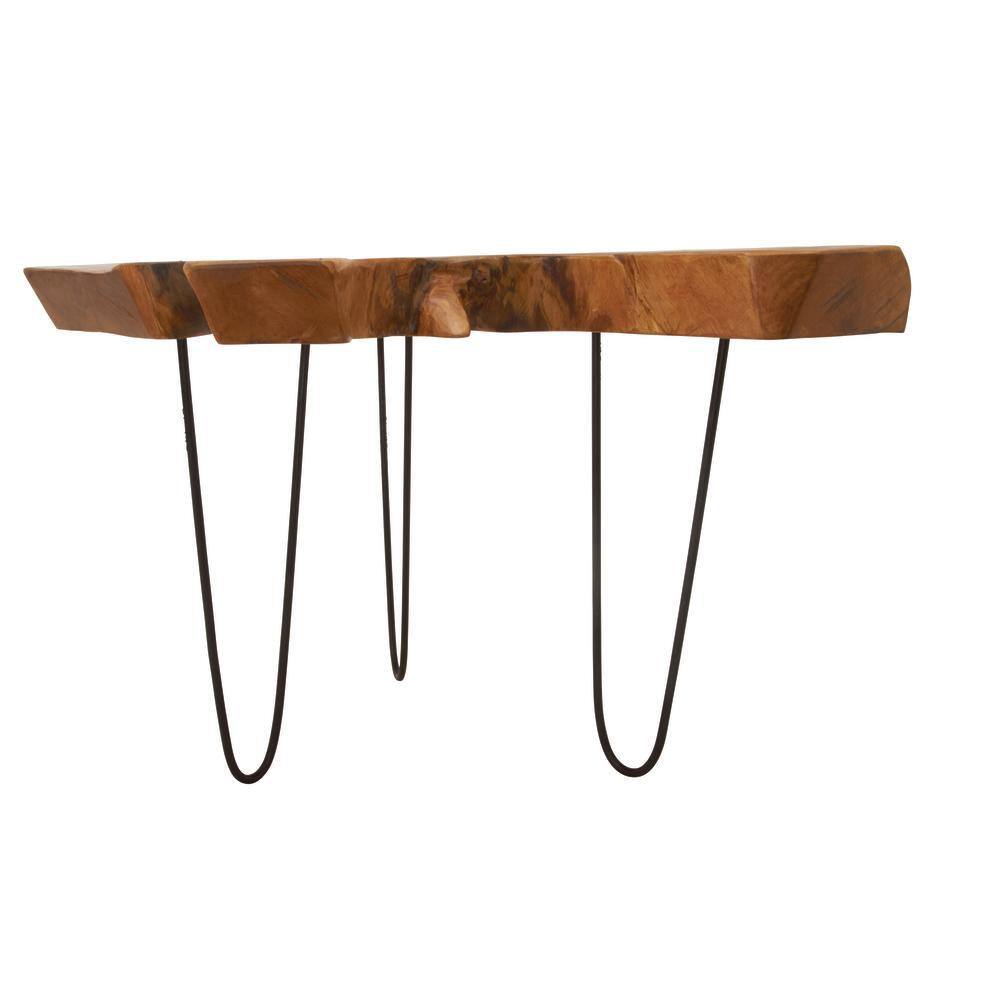 Teak Live Edge Round Coffee Table with Black Metal Hairpin Legs