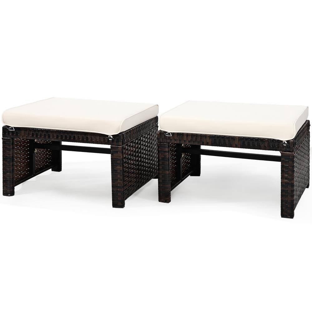 White PE Rattan Outdoor Ottomans with Cushions, Set of 2