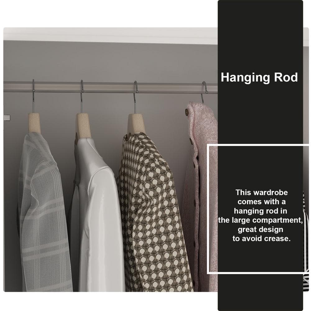 White Wood 63 in. W 4-Door Big Wardrobe Armoires with Hanging Rod, Drawers, Storage Shelves 74.2 in. H x 20.6 in. D - thumbnail 7