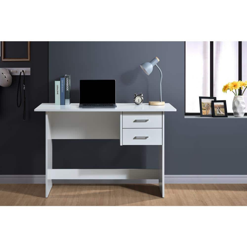 White Engineered Wood Writing Desk with Two Drawers