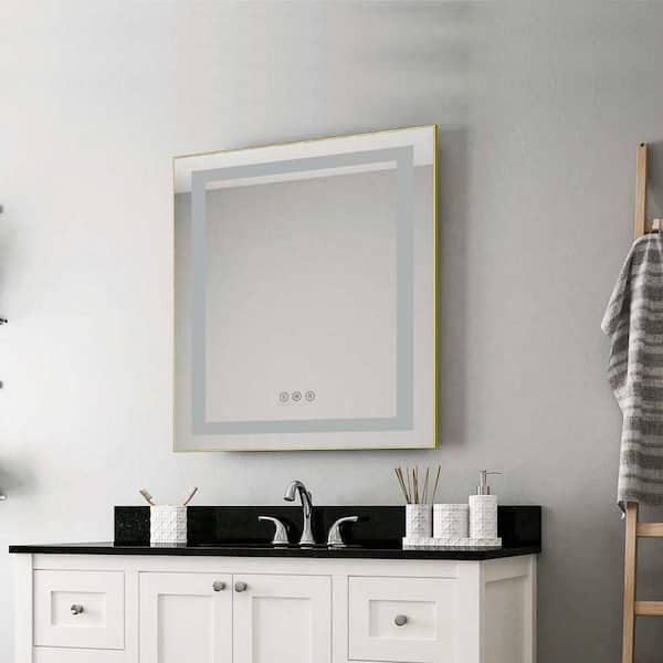24 in. W x 28 in. H Rectangular Aluminum Framed Backlit and Front Light LED Wall Bathroom Vanity Mirror in Brushed Gold