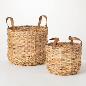 13.5" and 10" Brown Handled Woven Wicker Basket (Set of 2)