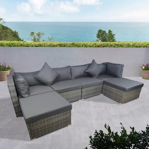 6-Piece Wicker Patio Conversation Set with 12 Gray Cushions and 2 Throw Pillows