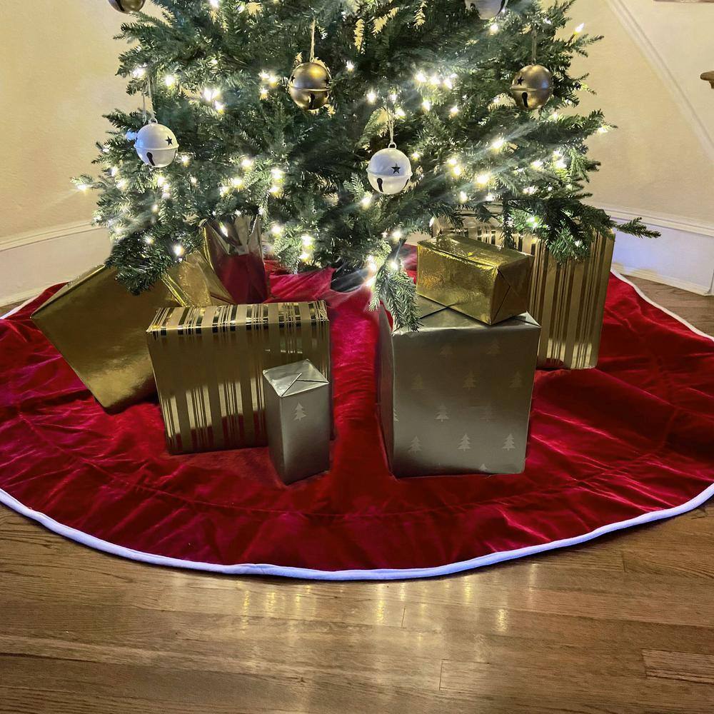 Extra Large Dark Red Velvet Convertible Tree Skirt with Pom Poms