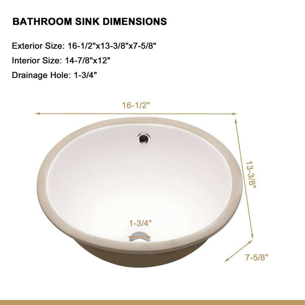 16.5" x 13.4" White Ceramic Oval Undermount Bathroom Sink with Overflow