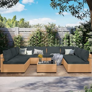 Yellow 9-Piece Wicker Patio Conversation Sofa Set with Dark Gray Cushions