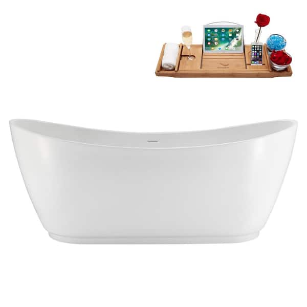 Streamline 69 in. x 30 in. Acrylic Freestanding Soaking Bathtub in Glossy White with Polished Gold Drain, Bamboo Tray