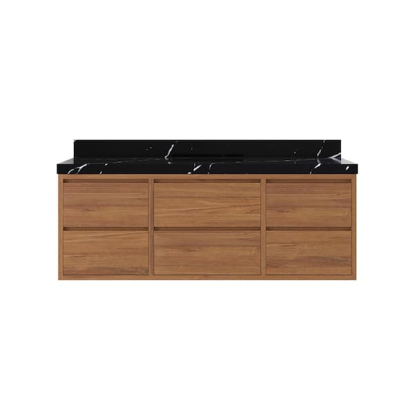 Willow Collections Madison Float 60 in. W x 22 in. D x 36 in. H Single Sink Bath Vanity in Dark Natural with 2 in. Calacatta Black Top