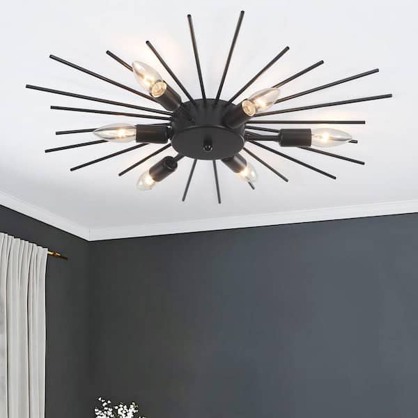 23.82 in. 6-Light Black Modern Starburst Flush Mount Ceiling Light