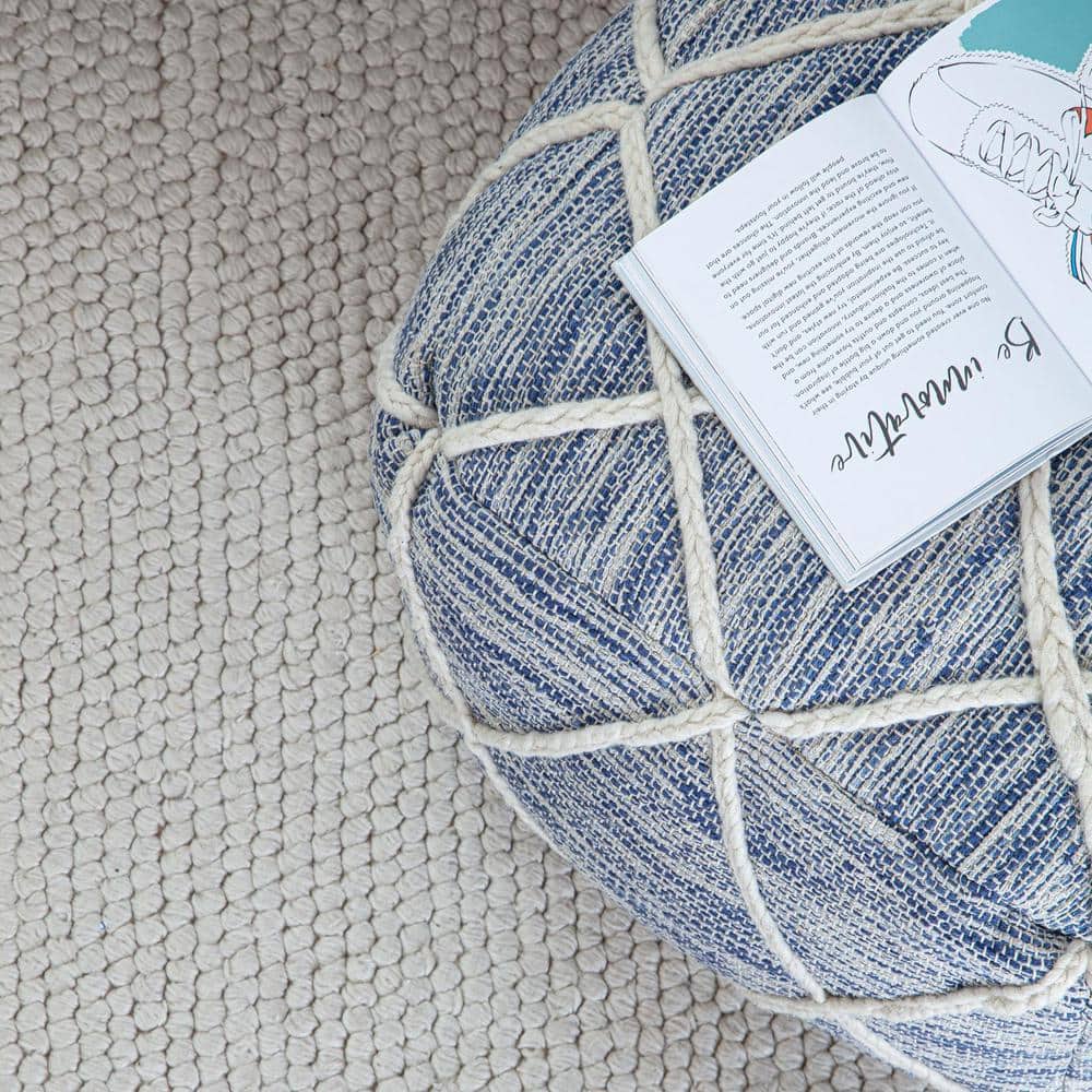 Kirkwood Lake 22" Blue & Ivory Square Pouf Ottoman