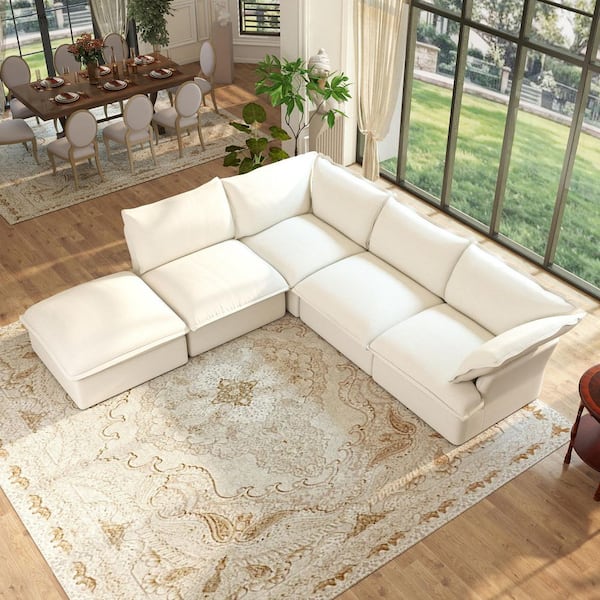 Corner Cloud Couch 163 in. Flared Arm 5-Piece Linen Modular Sectional Sofa with Ottoman Detachable Covers in. White