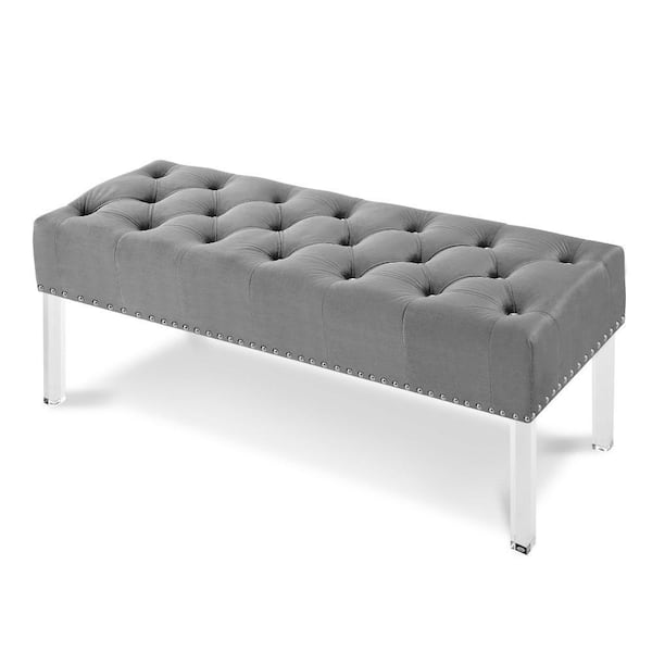 Benjara Gray Velvet Upholstered Button Tufted Bench 18.75 in. L x 49 in. W x 19.25 in. H