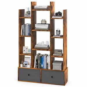 31.5 in. Wide Industrial Bookshelf Rustic Wooden 12-Shelf Organizer Bookcase with 2-Non-woven Fabric Drawer