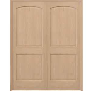60 in. x 80 in. Universal Round Top Unfinished Red Oak Wood Double Prehung Interior French Door with Nickel Hinges