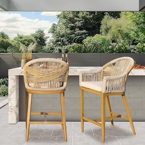 Round Wood Outdoor Bar Stool with Beige Cushion (2-Pack)