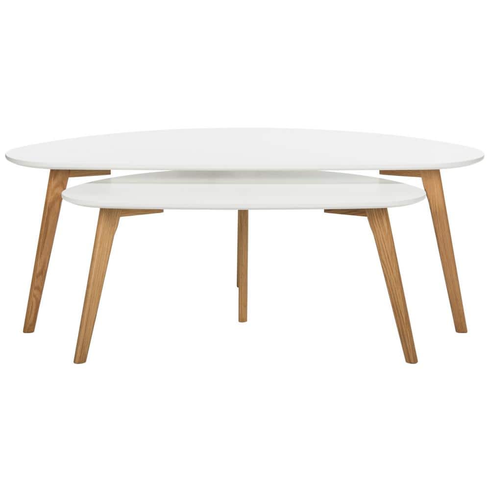 Olida Transitional Oval Double Coffee Table in White and Natural Wood