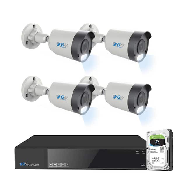 GW Security 8-Channel 8MP 1TB NVR Smart Security Camera System with 4 Wired Bullet POE Cameras, Spotlight, Fixed Lens, Microphone