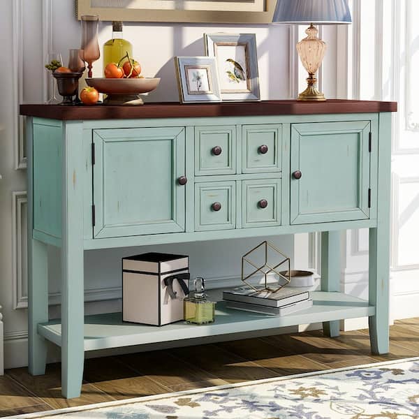Aoibox Retro Blue MDF Top 46 in. Sideboard Farmhouse Console Table with 2 Cabinet, 4 Small Drawers and Bottom Shelf