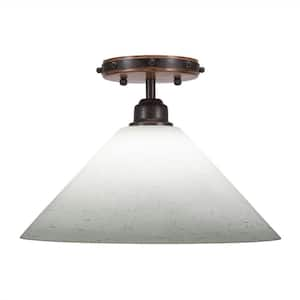 London 8.75" 1 Light Wood-look Metal and Brown Industrial Semi-Flush Mount with 12" White Glass Shade No Bulb Included