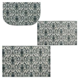 Damask Tile Grey 2 ft. 6 in. x 4 ft. 2 in. Kitchen Mat 3-Piece Rug Set