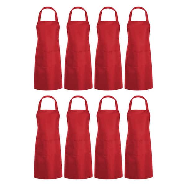 Red Plain Bib Apron with 2 Pockets for Kitchen, Cooking, Restaurant, BBQ, Painting and Crafting (8-Pack)